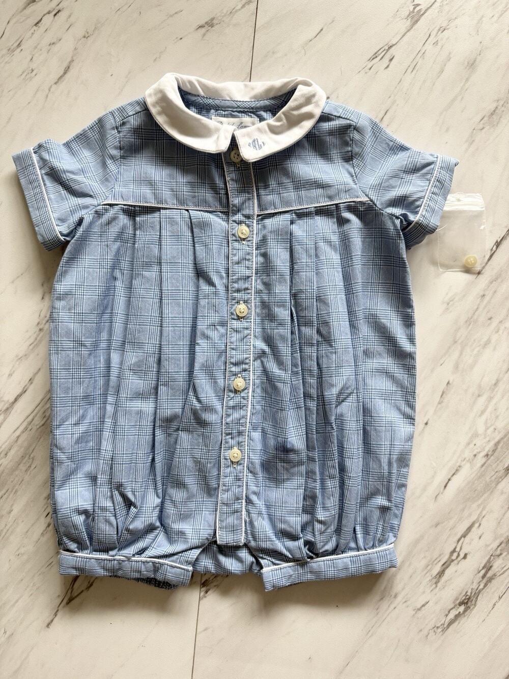 Ralph Lauren Baby Boy Infant Romper Peter Pan Collar - 3 Mos Blue Plaid, Preppy